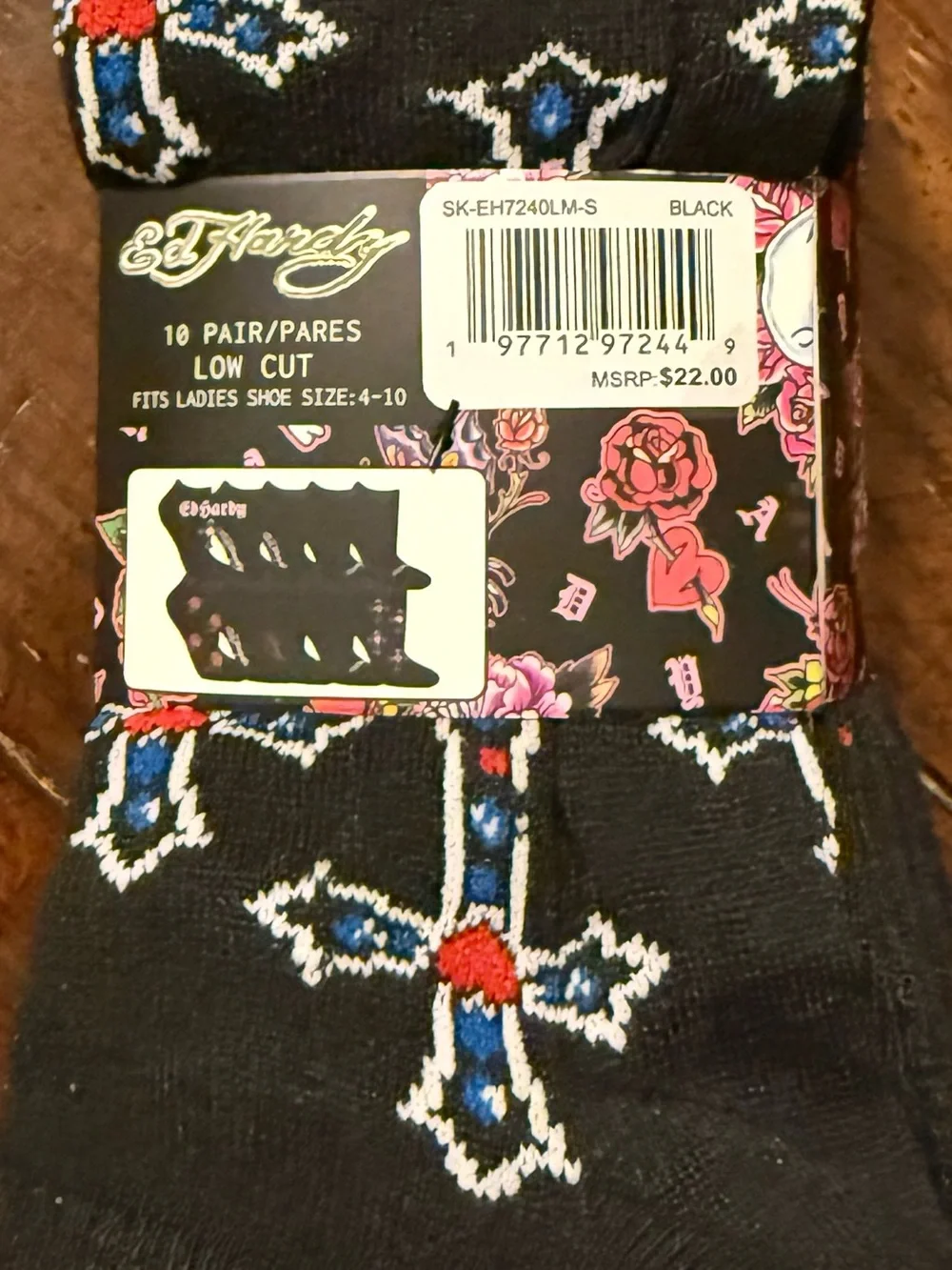 Ed Hardy 10 Pairs Black Low Cut Socks with Blue and Red Cross Motif